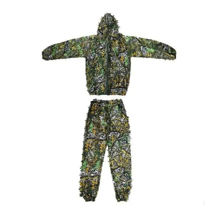 Two-piece camouflage ghillie suit with hooded jacket and pants in woodland leaf pattern
