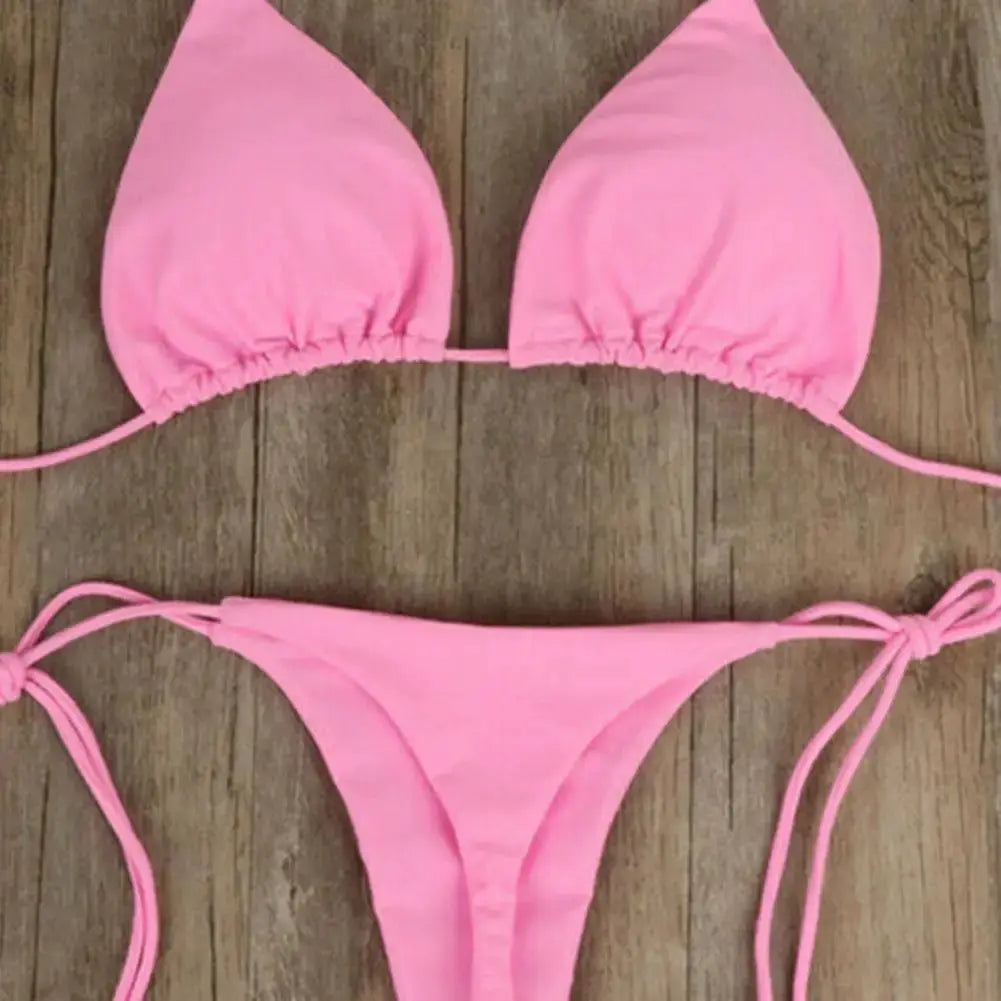 2 Piece Womens Swimsuit Set Halter Neck Bikini Solid Color Thong Bottom Beachwear 2024