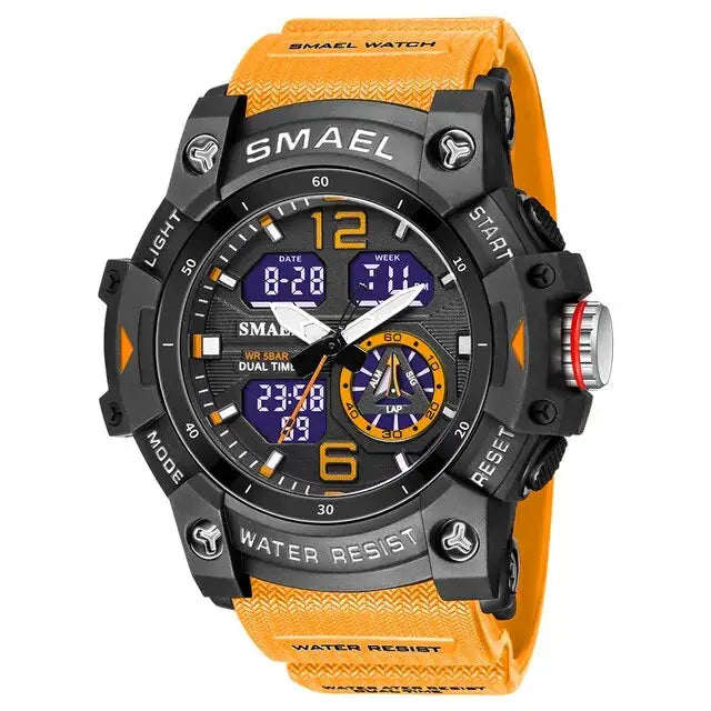 SMAEL sport military wristwatch for men with orange strap, black case, LED dual-time display, water resistant