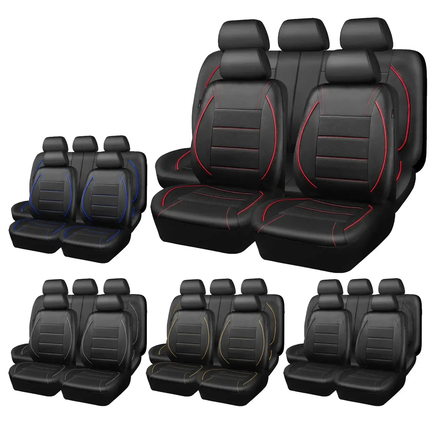 Simples Market universal leather car seat covers, 5-seat set, breathable black with red stitching (blue/yellow variants)