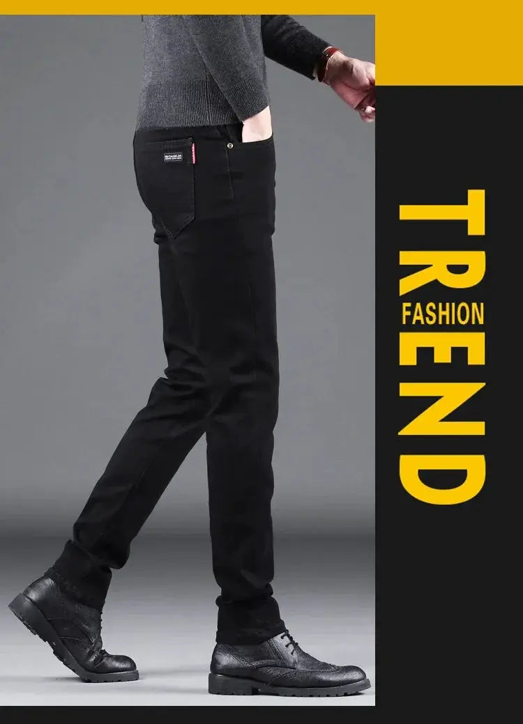 Men's black slim jeans with elastic straight fit by Simples Market, casual business denim