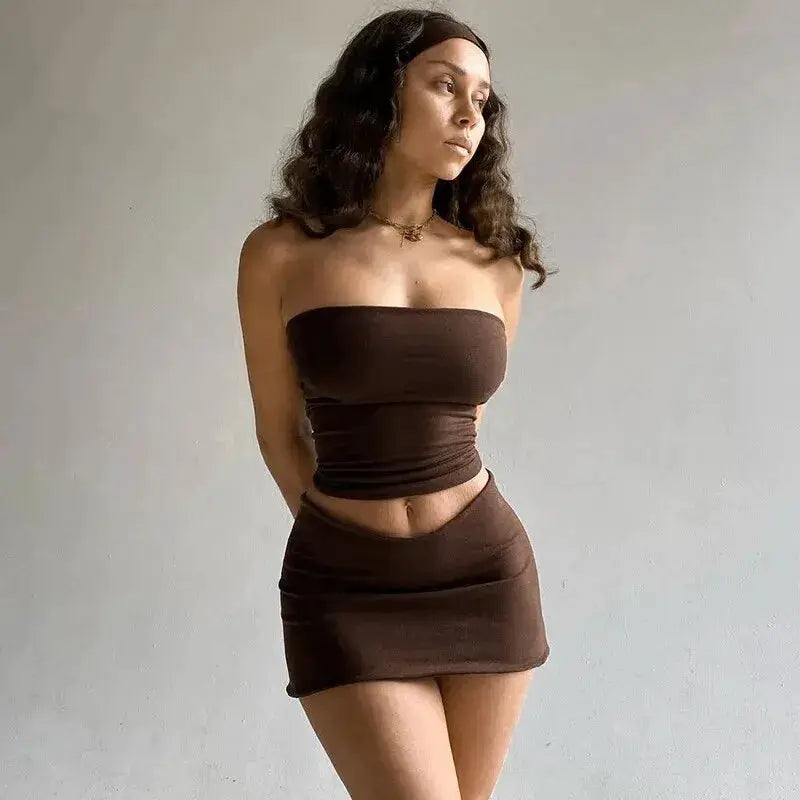 Hawthaw Women 2024 Summer Two Piece Tube Top And Mini Skirt Set
