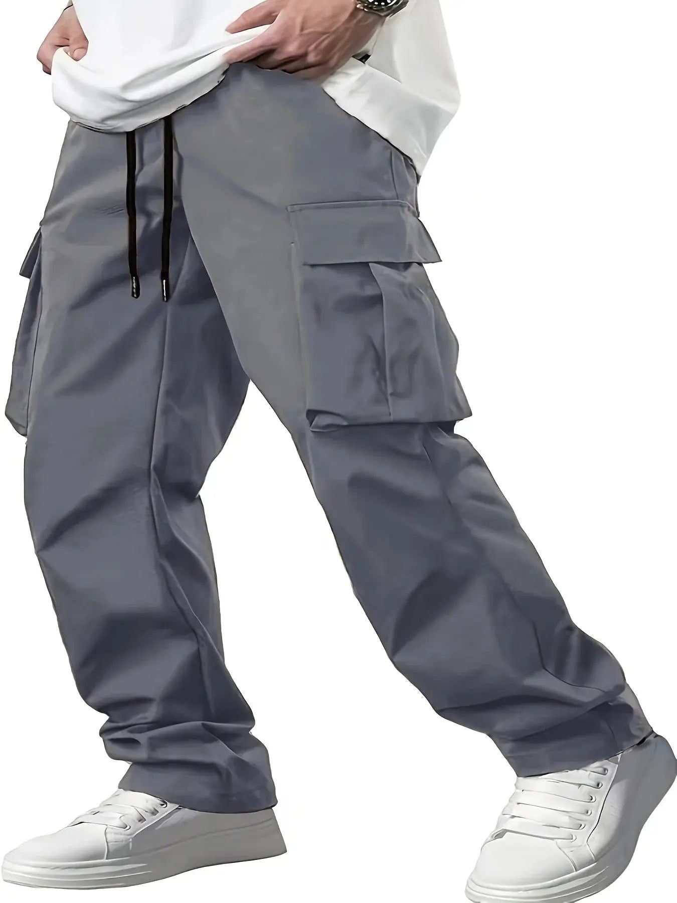 Men's cargo work pants with drawstring waist and multiple pockets in gray