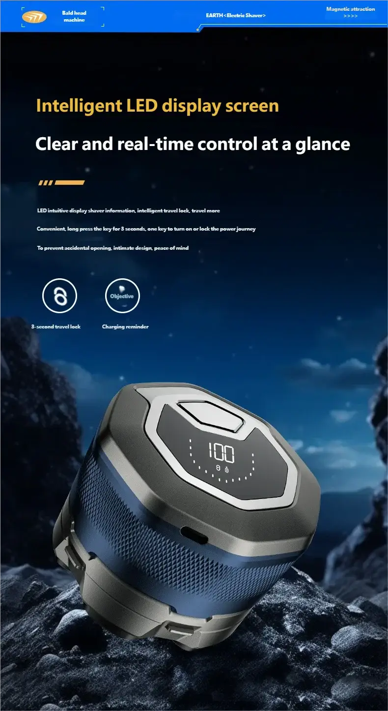 HOMEFISH electric head shaver by Simples Market; blue-gray waterproof 6D magnetic razor with LED display