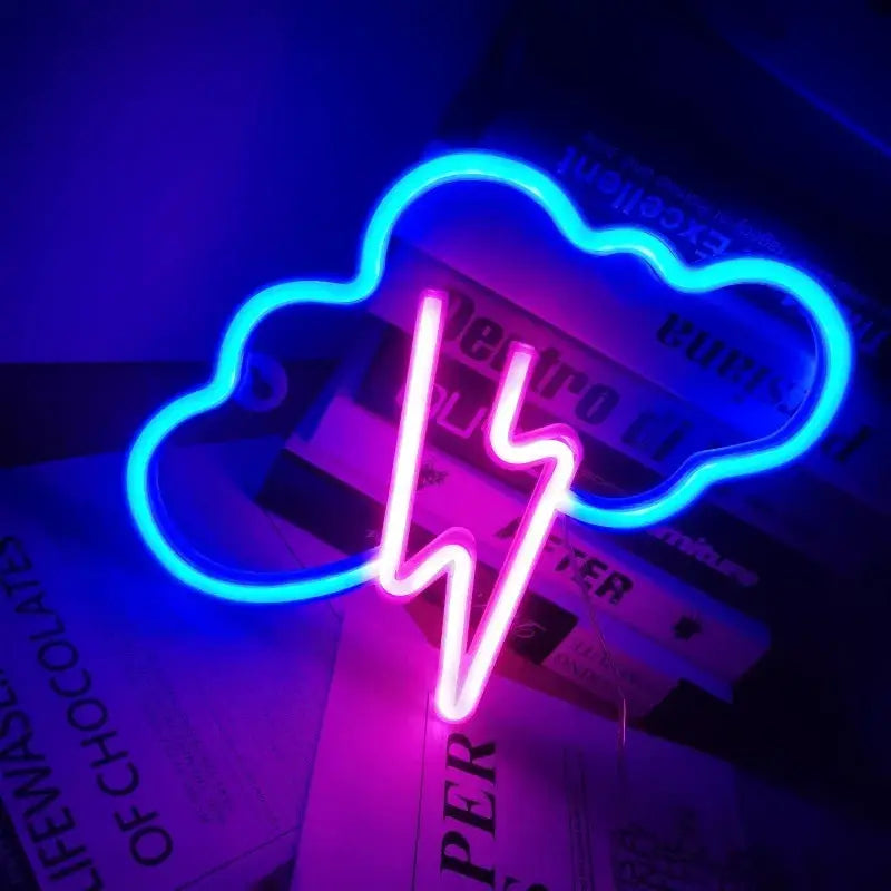 Decorative neon light: blue cloud outline with pink lightning bolt