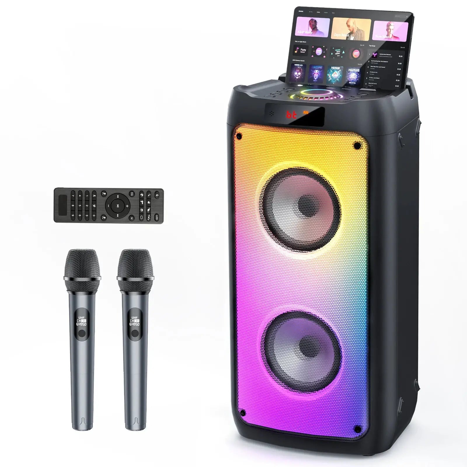 T10-T wireless Bluetooth karaoke speaker with 2 microphones, rainbow LED lights, remote