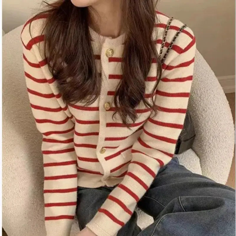 Brand Women Striped Knitted Cardigan O Neck Single Breasted Cropped Long Sleeve Chic Casual Sweater