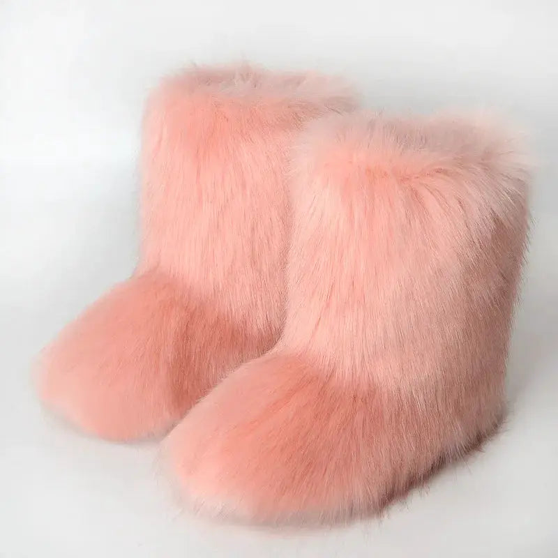 Women's Winter Snow Boots With Plush Faux Fox Fur Mid Calf Warm Platform Shoes For Cold Weather Outdoor