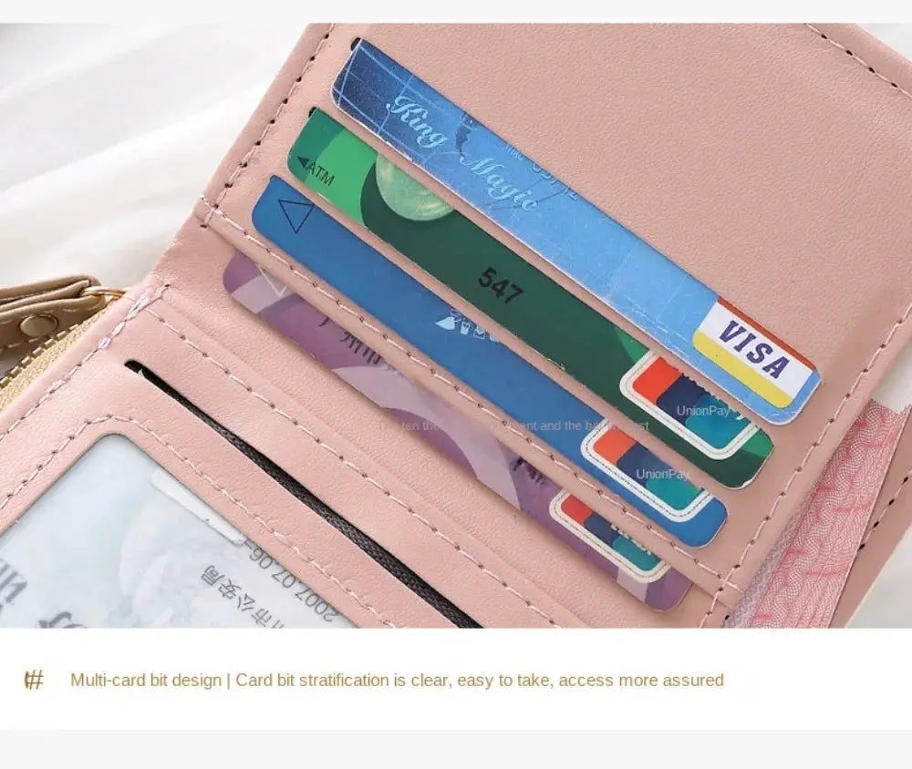 Cute cat coin purse pink PU leather women's short wallet with multiple card slots and ID window