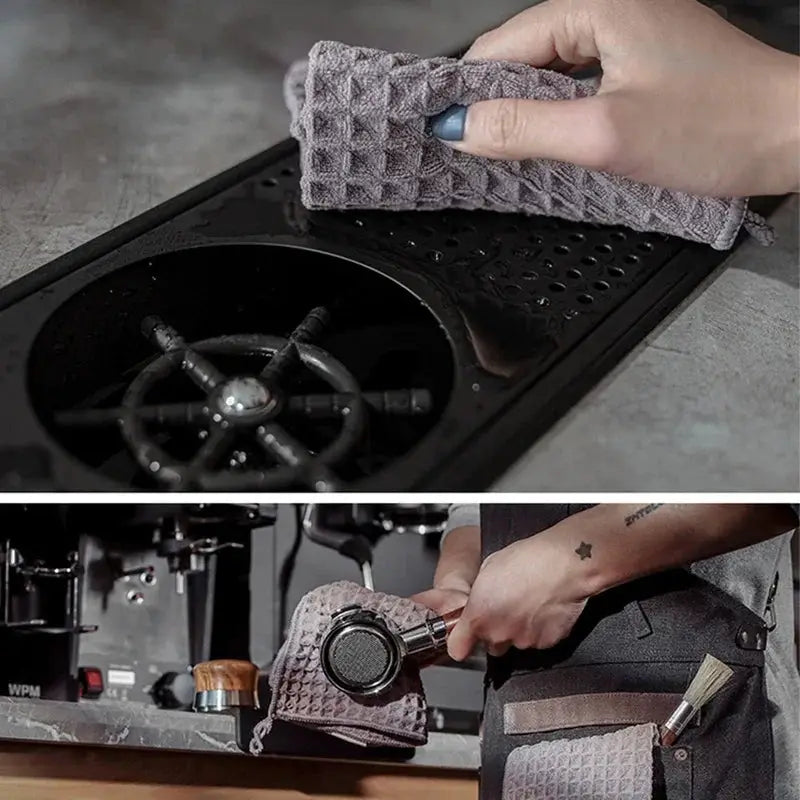 Barista cleaning towel by Simples Market; grey waffle microfiber square cloth for coffee machines, absorbent, no lint