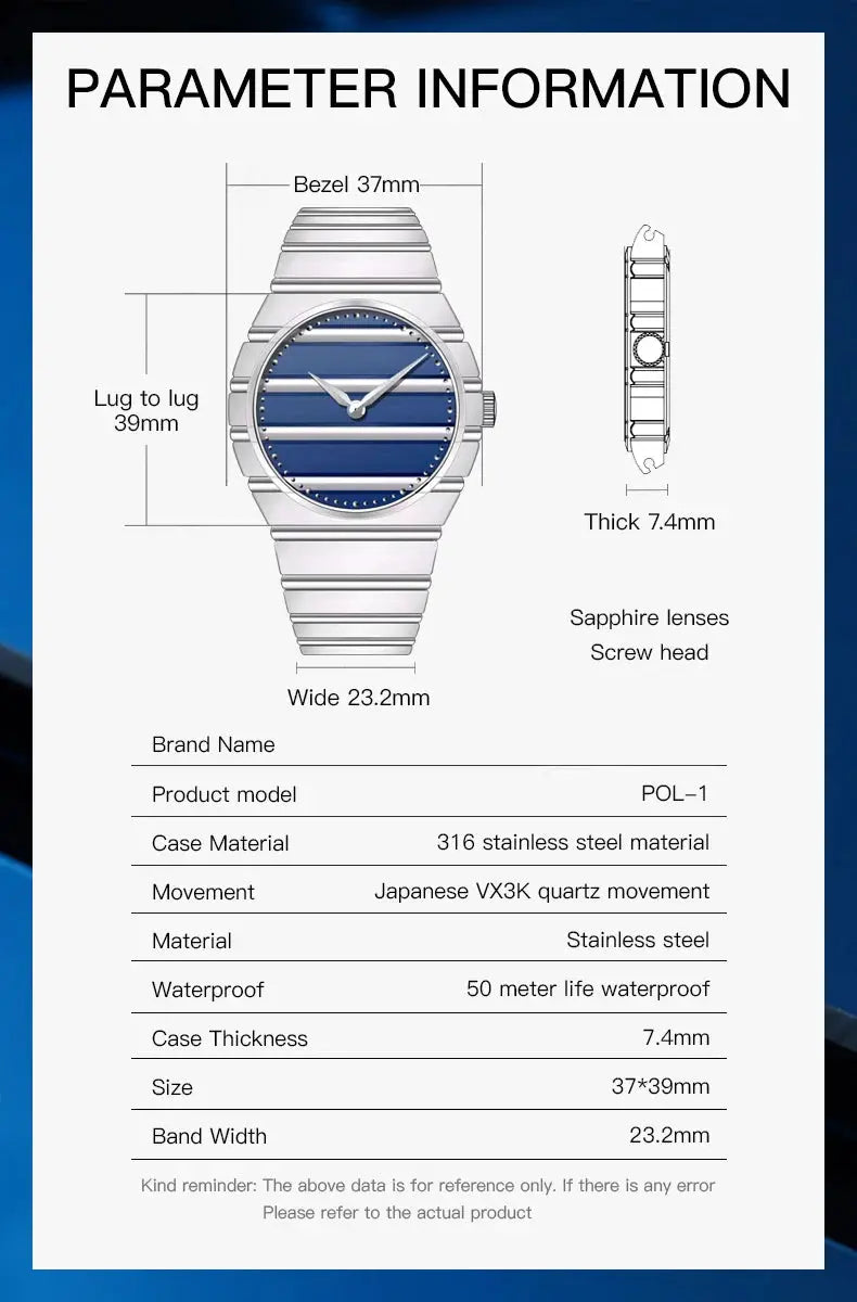 Men's stainless steel quartz watch with blue striped dial, 37mm bezel, 50m water resistance.