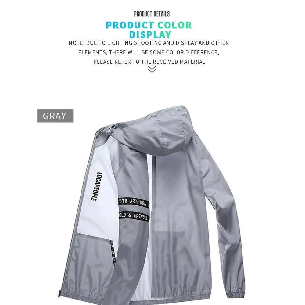 Sun protection cycling jacket, gray long-sleeve windbreaker with hood for outdoor sports