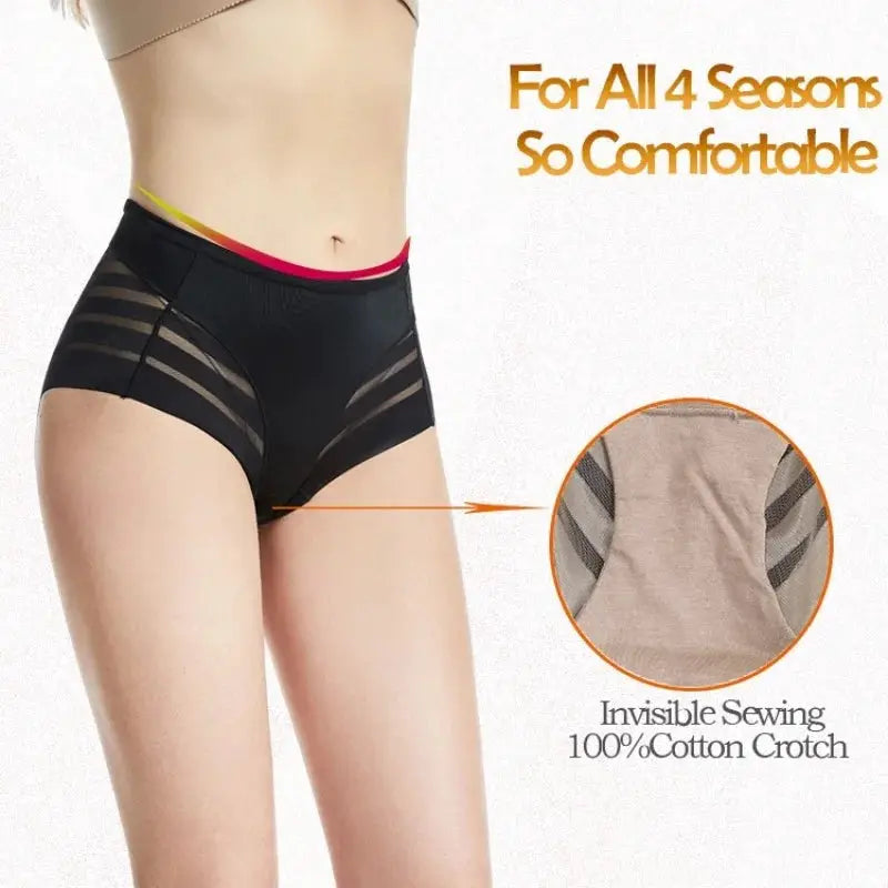 Women's tummy-control shapewear shorts in black with mesh side panels and cotton-crotch lining