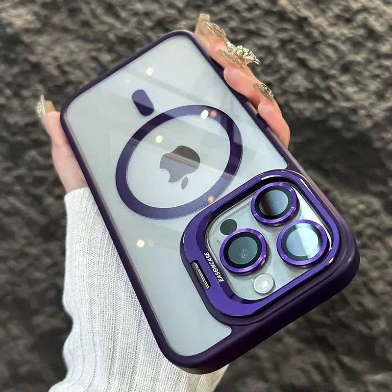 LuxGuard Luxury Magnetic Shockproof Phone Case for iPhone 11 to 16 Pro Max with Stand and Lens Protection
