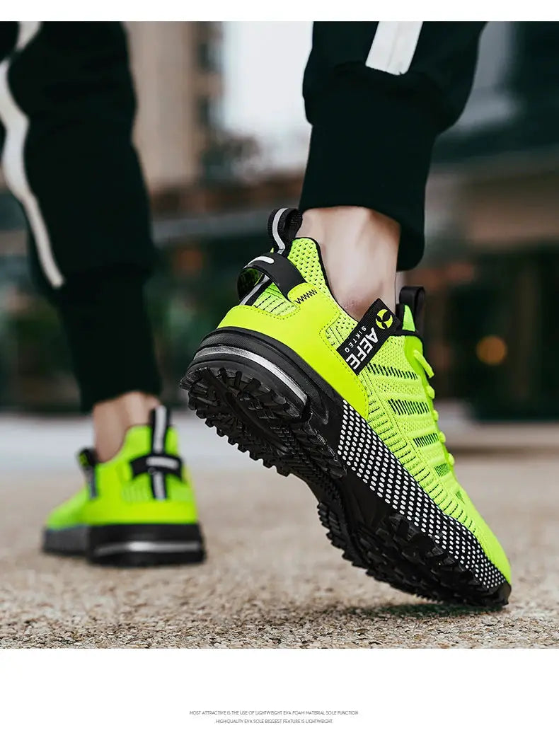 Simples Market neon lime green running shoes pair with breathable mesh upper and rugged black outsole.