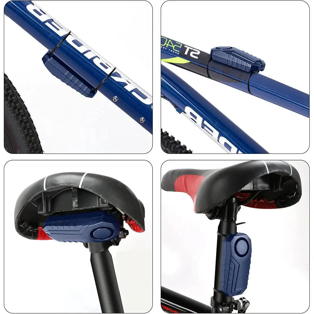113dB bike anti-theft alarm with wireless remote; blue alarm module mounted on a blue bicycle frame near the saddle.