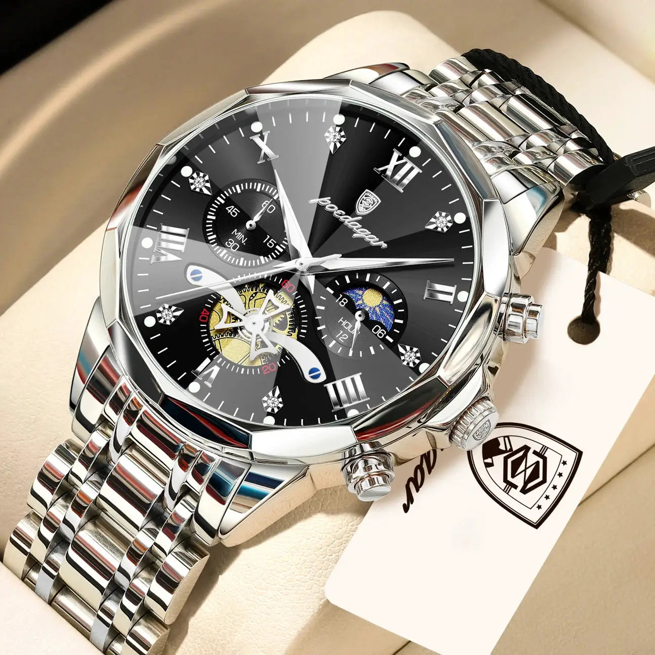 POEDAGAR Exquisite Business Mens Watch Waterproof Luminous Chronograph Luxury Stainless Steel Quartz Wristwatch