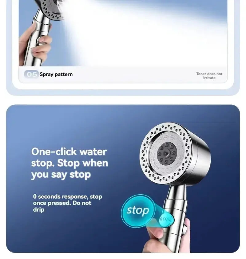 Handheld shower head by Simples Market with high-pressure, water-saving filter, 5 spray modes and stop button
