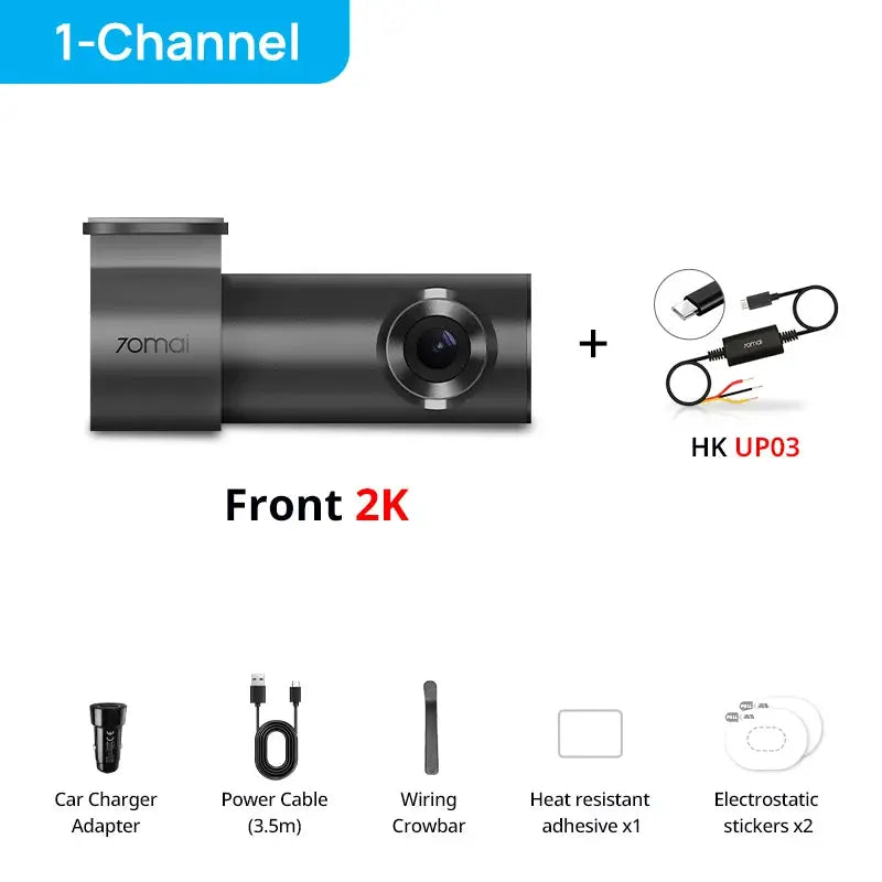 70mai M310 Plus dash cam, front 2K with 143° FOV, includes car charger adapter and power cable