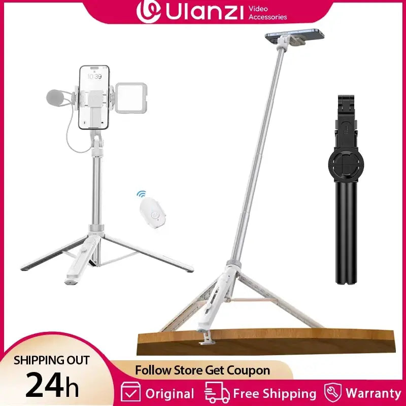 Ulanzi TT88 overhead selfie stick tripod with silver aluminum body, phone clamp, and wireless remote