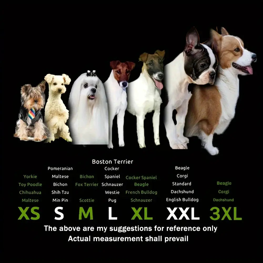 4-piece water-resistant dog shoes for small dogs, shown with a lineup of breeds and an XS–3XL size chart on a black background