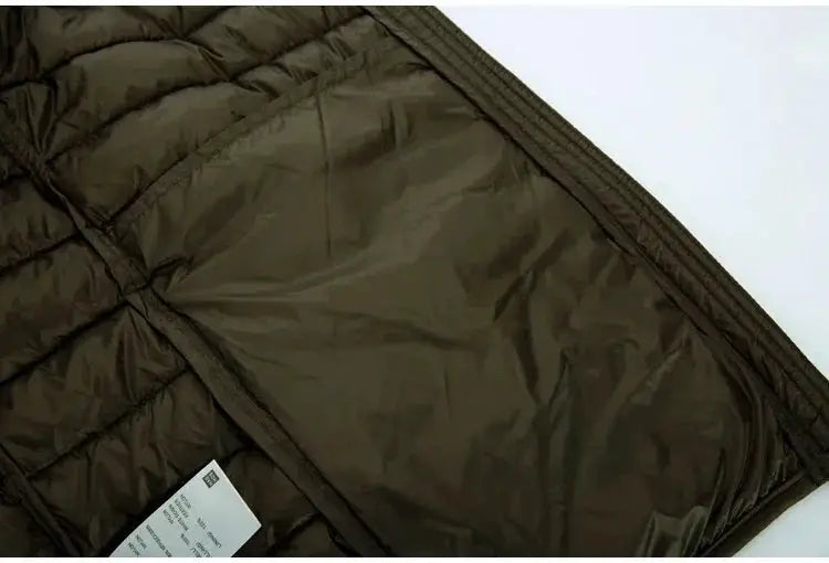 Simples Market men's hooded down jacket; dark olive quilted lining, lightweight thermal coat with 90% white duck down.