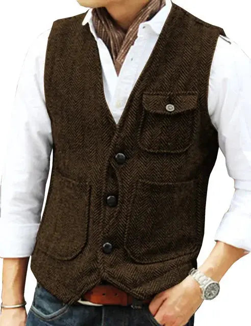 Men's brown herringbone wool tweed vest, v-neck, single-breasted waistcoat with chest pocket.
