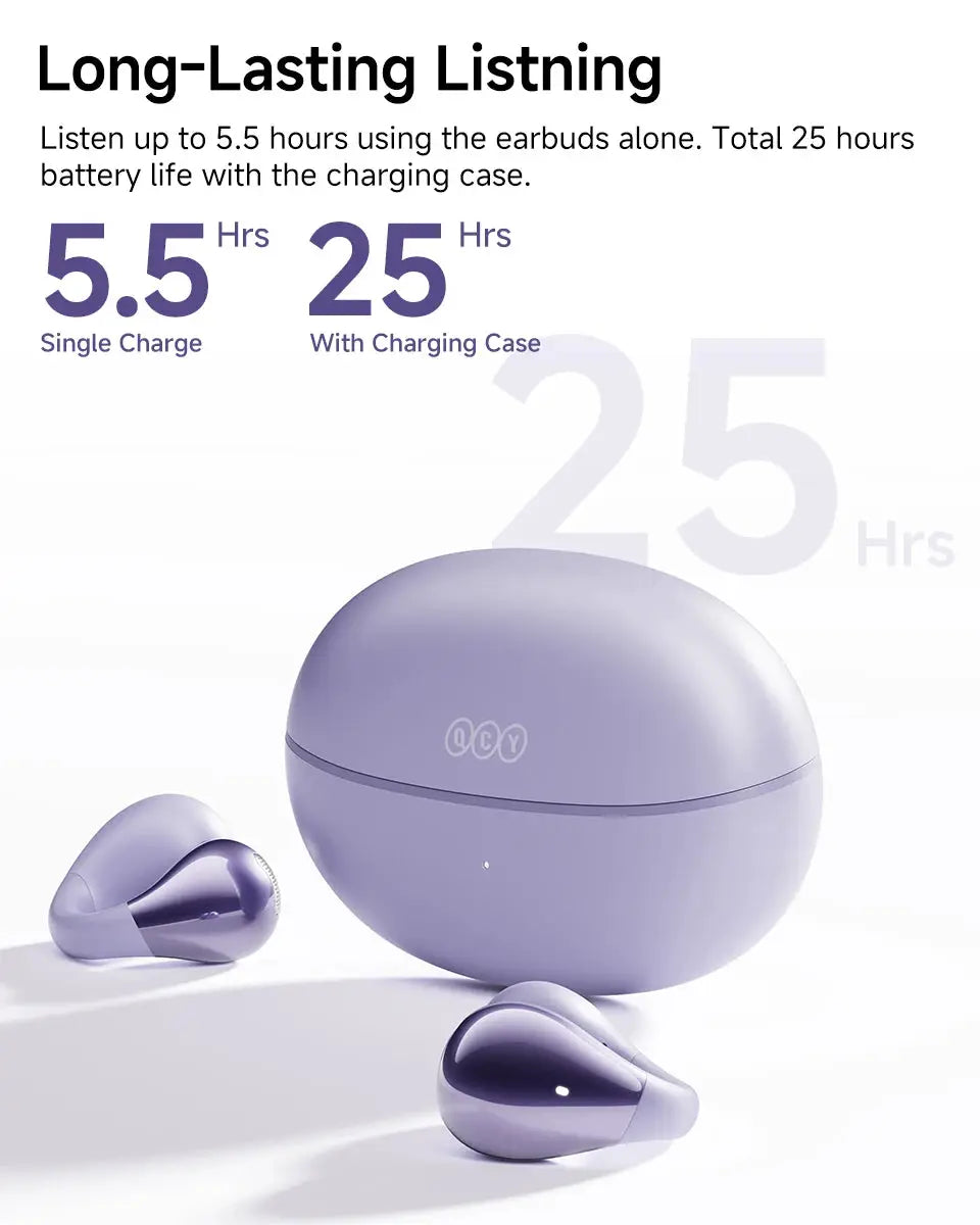 QCY Crossky C30 open-ear wireless earbuds pair with lavender charging case, Bluetooth 5.4