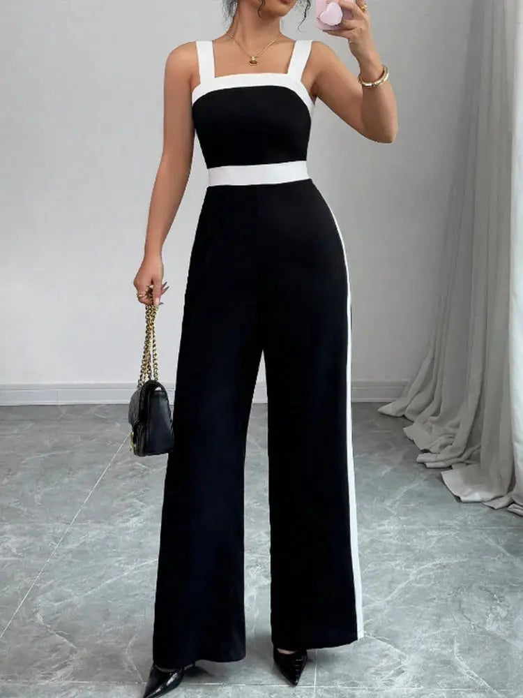 Women's black and white jumpsuit with square neckline and contrast trim, wide-leg style