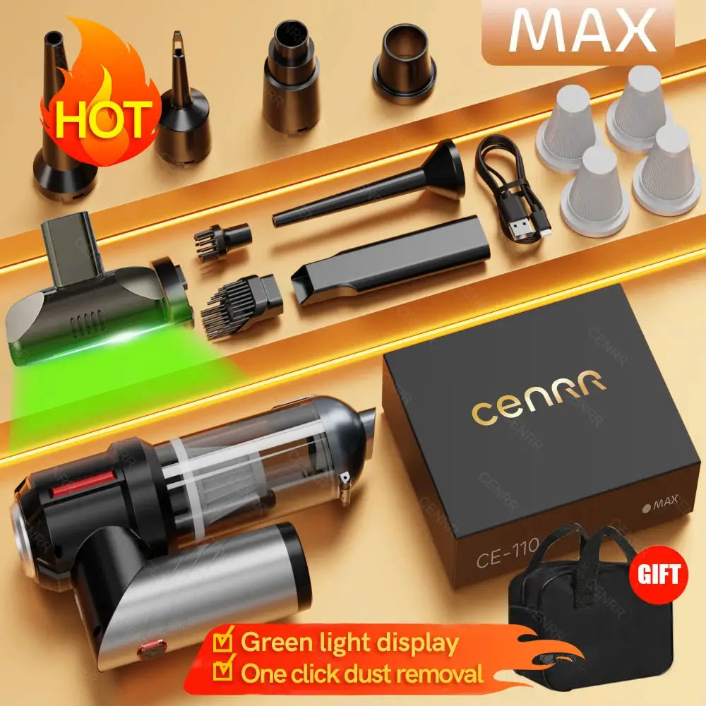 CENRR cordless car vacuum cleaner with multiple nozzle attachments and USB charger