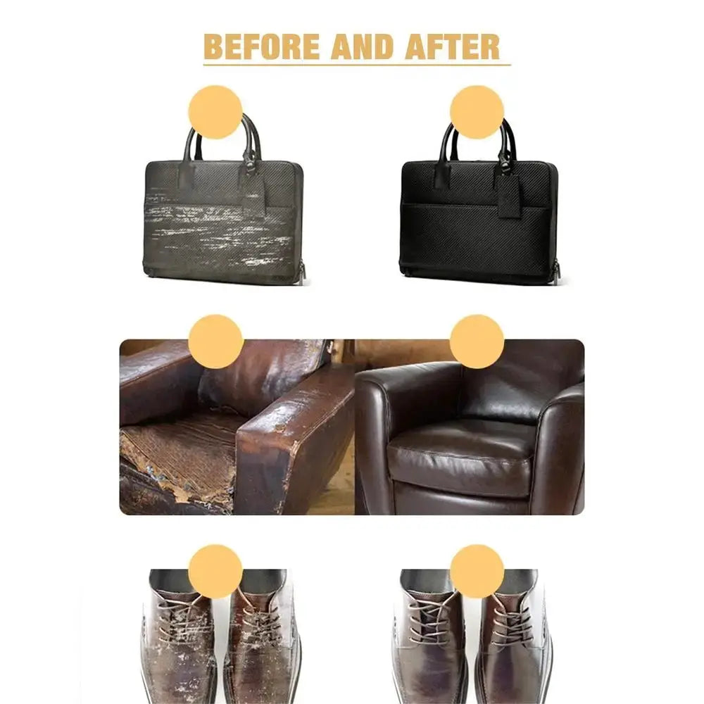 Leather care cream by Simples Market; 30G/50G/100G; before-after results on two bags, sofa, and two pairs of shoes.