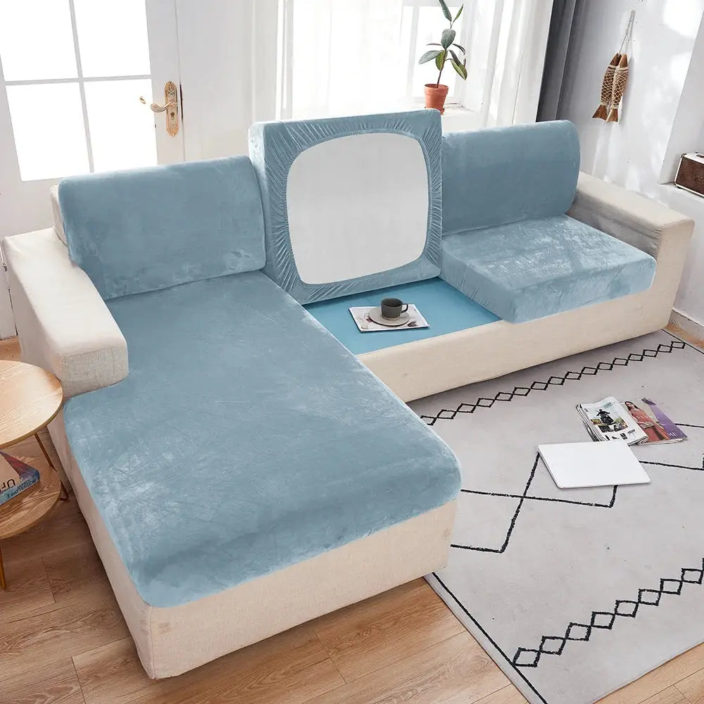 Plush sofa slipcover for sectional couch; blue, anti-slip elastic fit