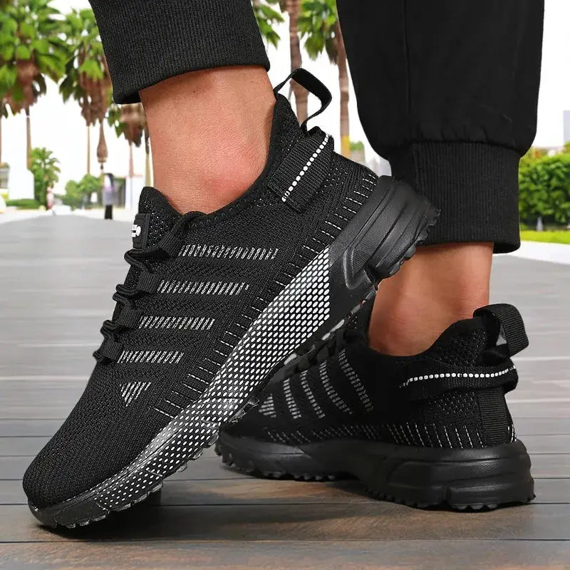 Men's black knit sneakers with thick sole, breathable lightweight running shoes, pair