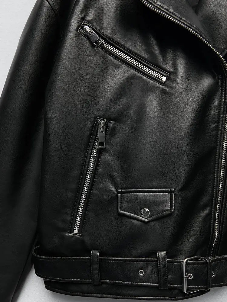 Ailegogo Women Loose Motorcycle Biker PU Faux Leather Jacket With Detachable Belt For Adjustable Fit