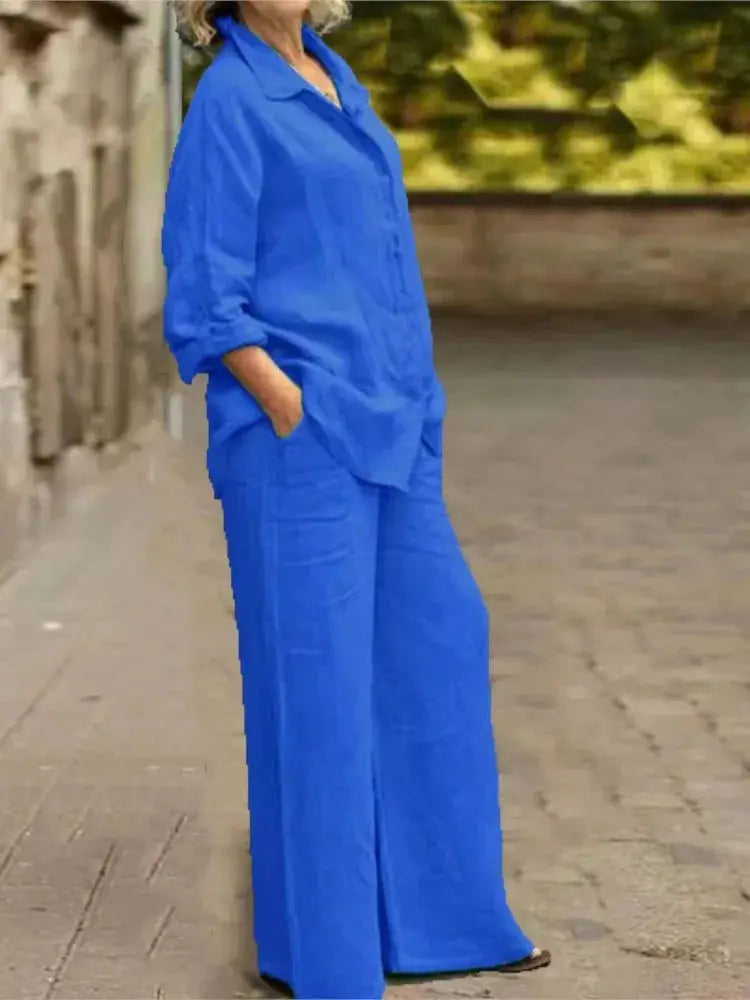 Cotton Linen Shirt Two Piece Set For Women With Wide Leg Trousers