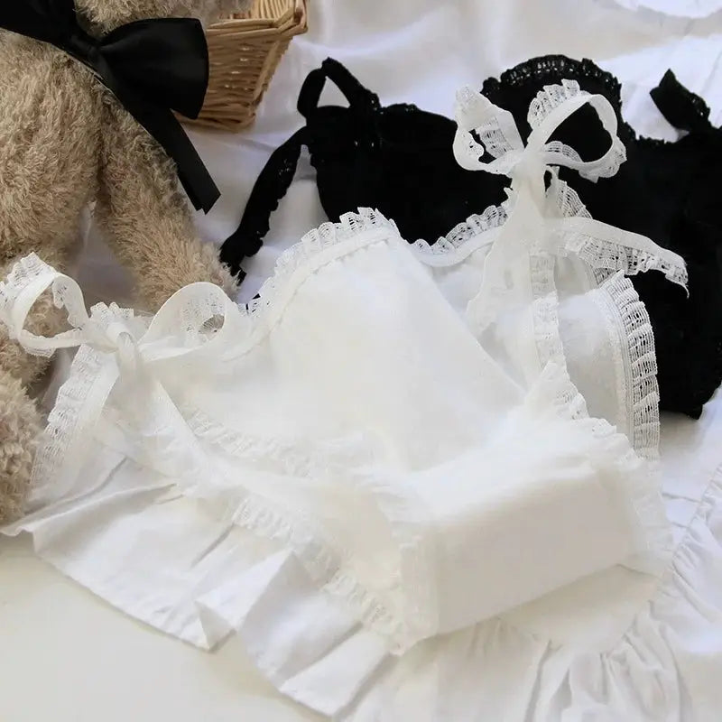 Alluring lace-up briefs with bows; white and black lace trim JK Japanese style underwear (2 pcs)