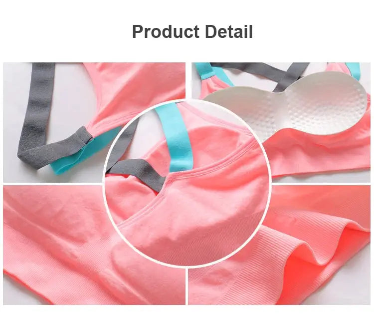 Color-blocked cross-back sports bra by Simples Market in pink with teal and gray straps; no steel ring.