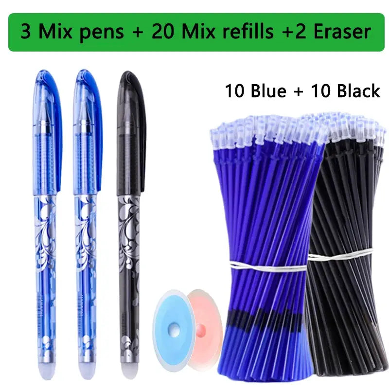 Kawaii erasable gel pen set with 3 patterned pens, 20 refills, 2 erasers, and bundles of 10 blue and 10 black pens
