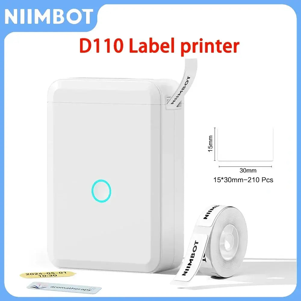 Niimbot D110 label printer, white compact pocket label maker with blue LED ring; tape roll included.