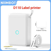 Niimbot D110 label printer, white compact pocket label maker with blue LED ring; tape roll included.