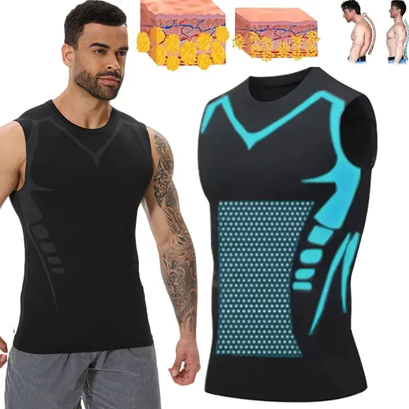 Men's shapewear compression sleeveless tops; 2-piece set with plain black tank and black with turquoise panel design