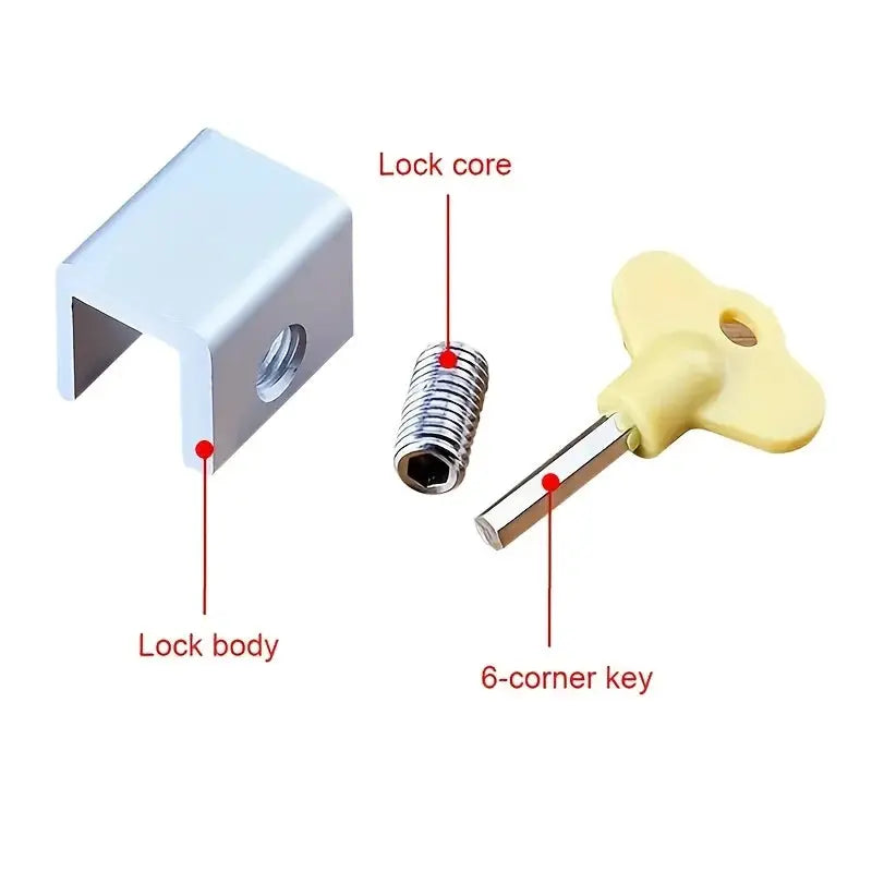 Simples Market 3-piece sliding sash stopper lock set with lock body, lock core, and yellow-handled 6-corner key