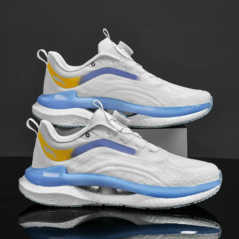 Two white men's sneakers with blue midsole and yellow heel accents, Simples Market running shoes