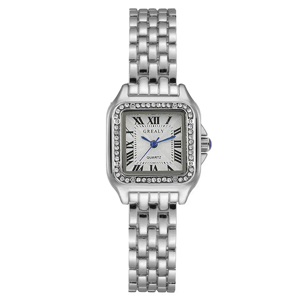 Simples Market luxury rhinestone women's square quartz wristwatch with silver metal bracelet and Roman numeral dial