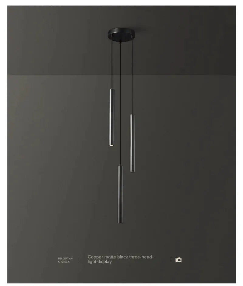 Simples Market copper-matte black three-head bedside pendant lamp with hanging LED lights