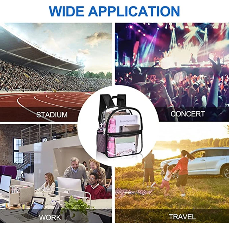 Transparent backpack by Simples Market; waterproof clear large-capacity bag with items inside.