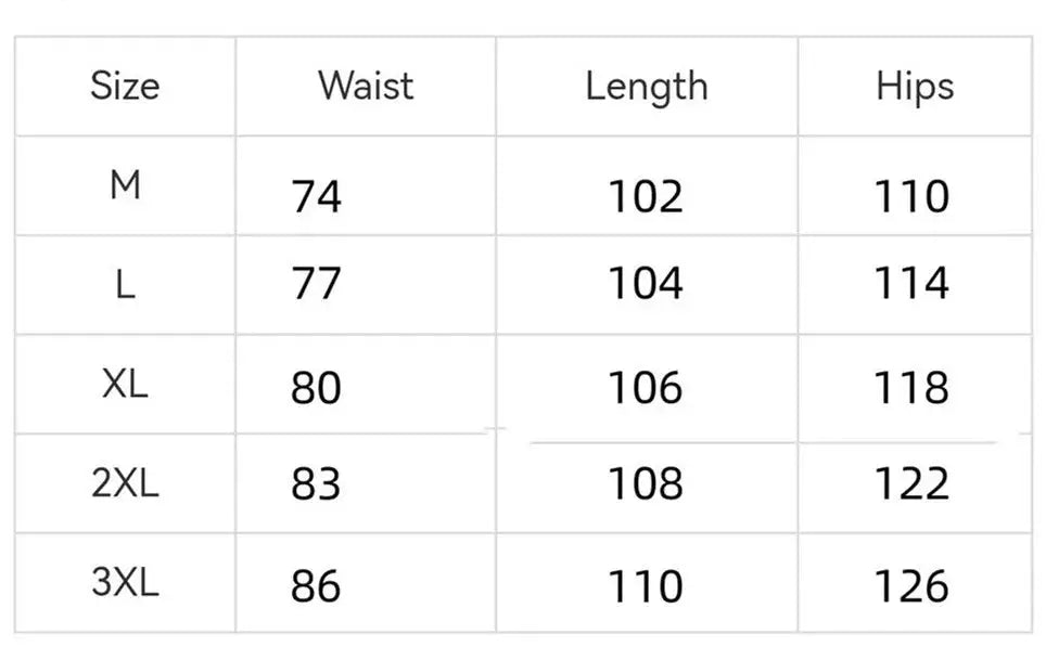 Simples Market men's American style multi-pocket workwear pants size chart with waist, length and hip data (M-3XL).
