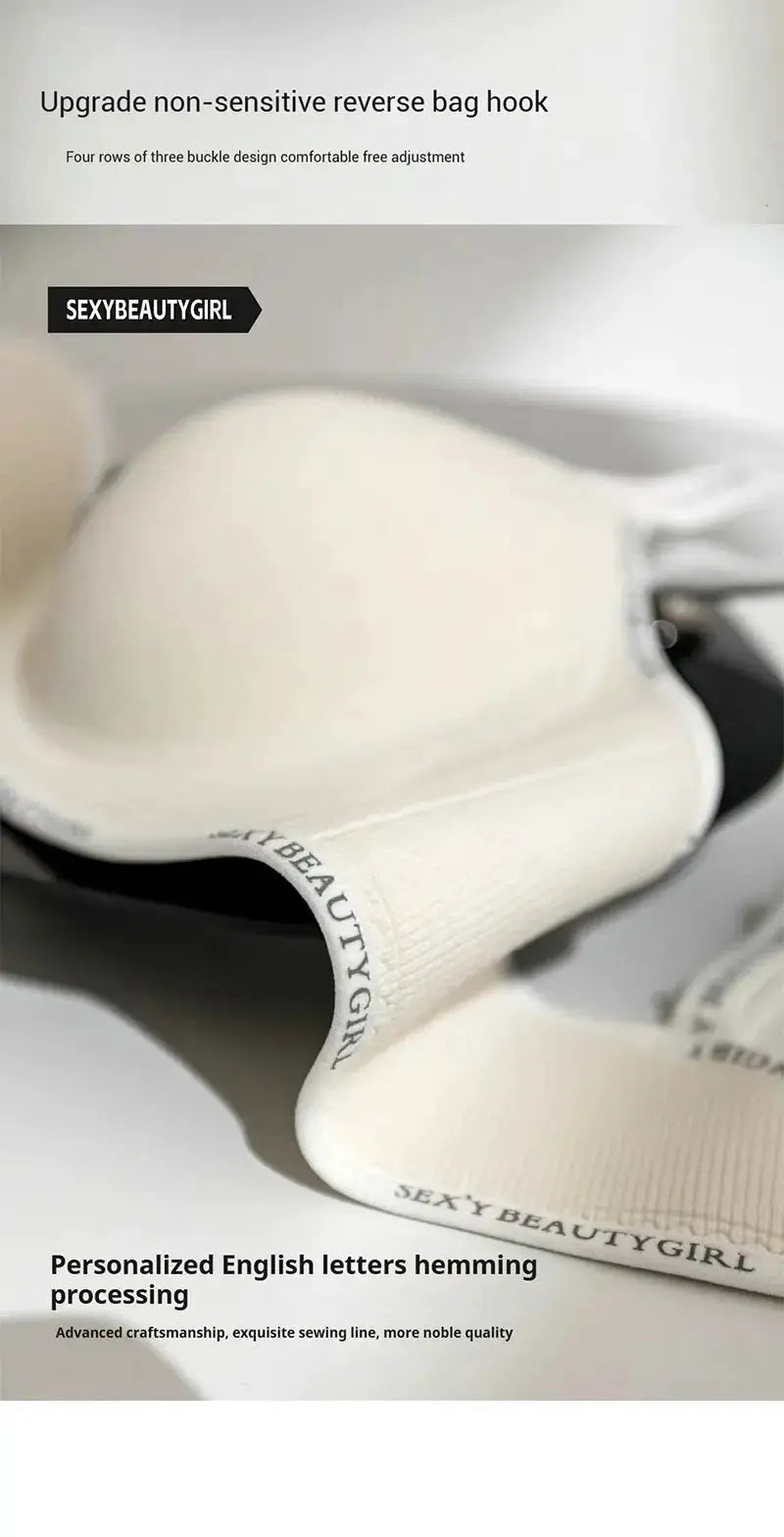 White seamless push-up bra with padded cups and thick elastic band, SEXYBEAUTYGIRL branding