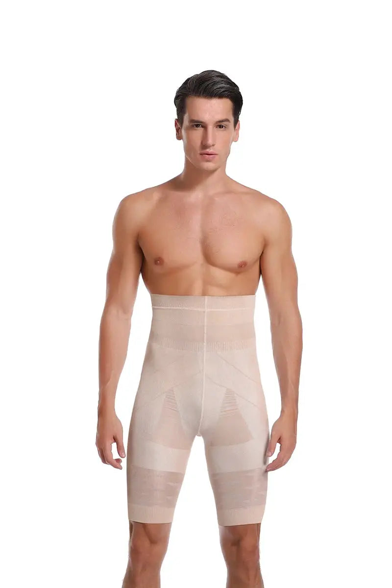 Men's beige high-waist tummy-control shapewear shorts, mid-thigh compression underwear