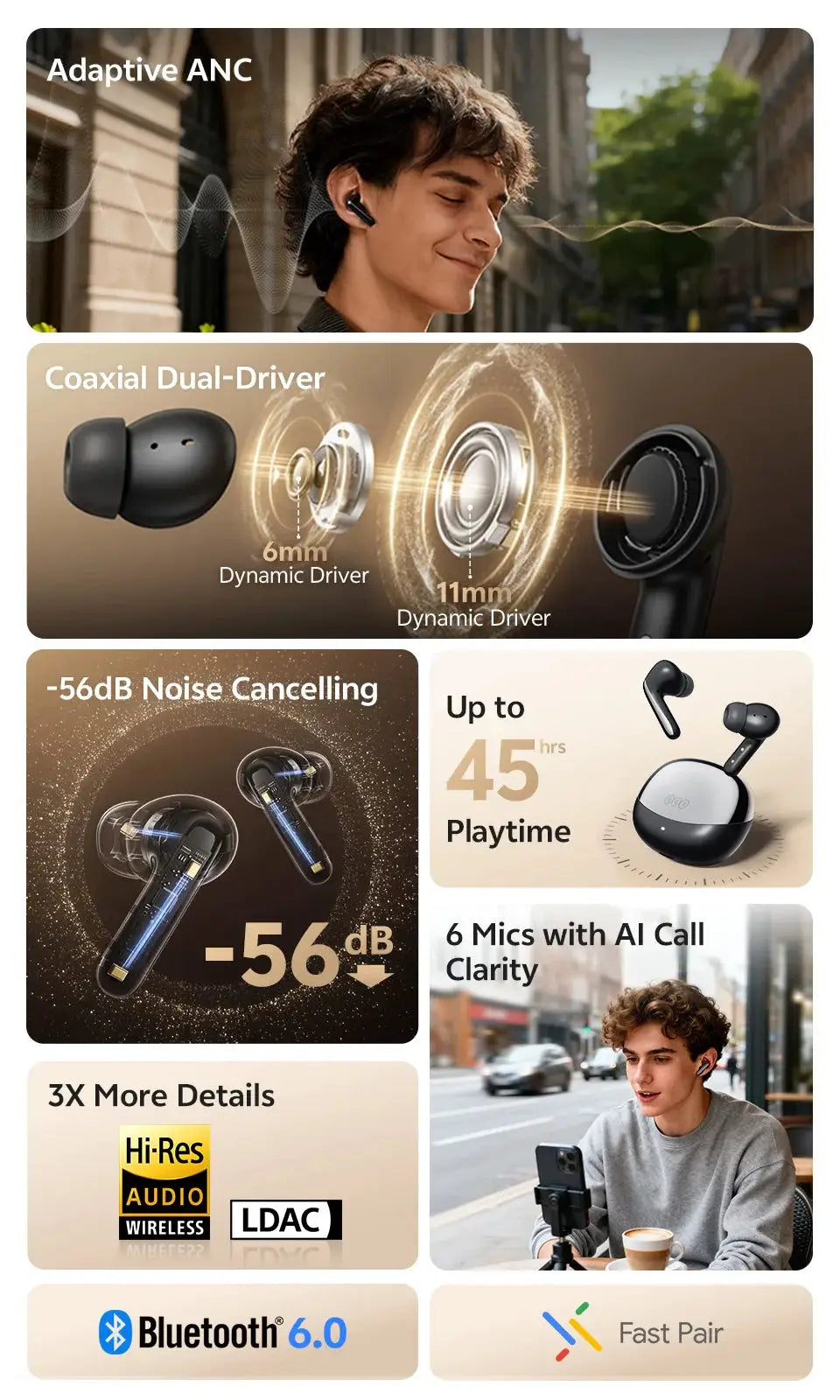 QCY MeloBuds N60 HT19 wireless Bluetooth earphones black with ANC, LDAC, and coaxial dual-driver design